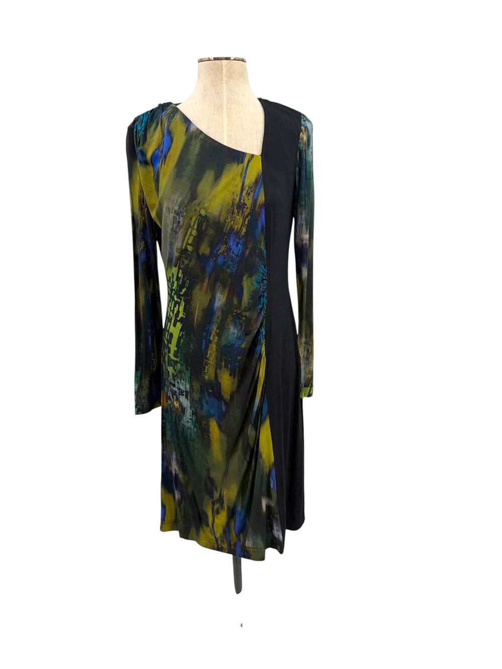 Hilton Hollis Asymmetrical Printed Sheath Dress Black Green Blue Long Sleeve M